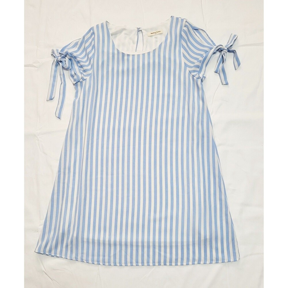 NEWBURY White Blue Chevron Shift Dress Size Small Cold Shoulder Striped